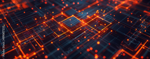 A detailed modern tech illustration with a square grid pattern, intersecting lines, and glowing dots, emphasizing digital networks and technological complexity.