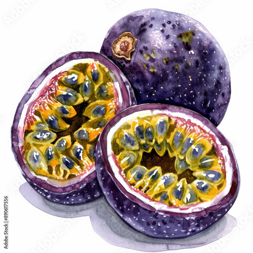 A watercolor painting of a fresh passion fruit, showing the detailed purple skin and a cut-open view of the vibrant yellow interior, isolated on white background.