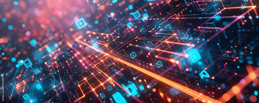 Obraz premium A high-tech illustration with a square grid, crisscrossing lines, and glowing dots, symbolizing the interconnectedness of modern technology.