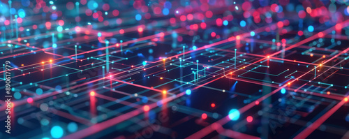 Digital technology illustration with a square grid, crisscrossing lines, and illuminated dots, symbolizing modern tech networks and data flow.