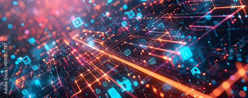 A high-tech illustration with a square grid, crisscrossing lines, and glowing dots, symbolizing the interconnectedness of modern technology.