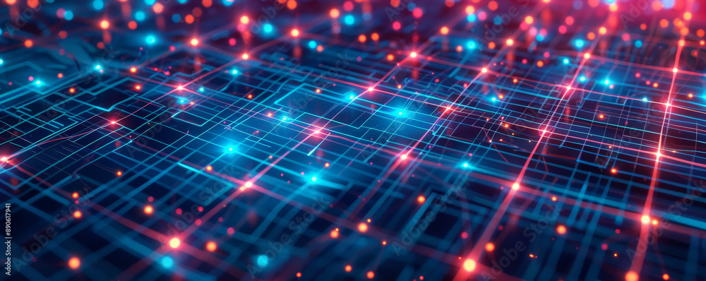 A detailed modern tech illustration with a square grid pattern, intersecting lines, and glowing dots, emphasizing digital networks and technological complexity. A detailed modern tech illustration with a square grid pattern, intersecting lines, and glowing dots, emphasizing digital networks and technological complexity.