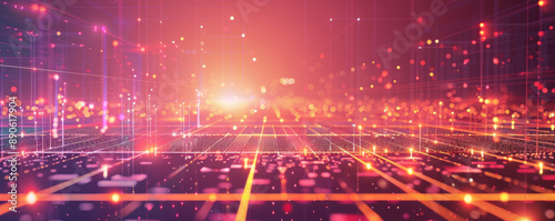A sophisticated tech illustration with a square grid, lines connecting dots, and illuminated points, representing modern digital networks.