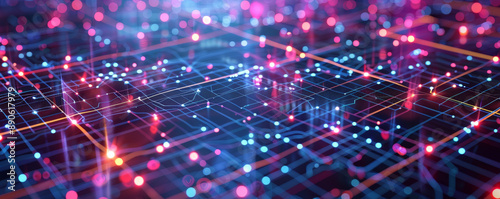 A modern tech illustration showcasing a square grid with lines and dots, representing the intricate networks of contemporary technology.