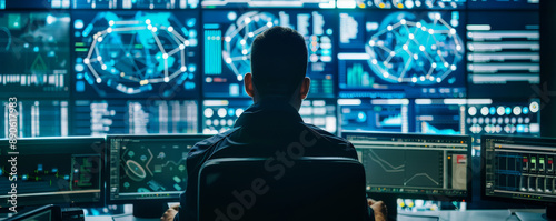 A cybersecurity analyst, a French male, skilled in advanced threat detection and creating robust security protocols, working on multiple high-tech devices in a secure environment.