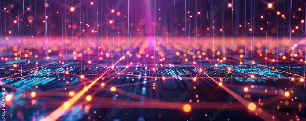 Obraz premium An advanced technology-themed illustration featuring a square grid, lines connecting dots, and glowing points, representing the complexity of modern digital networks.