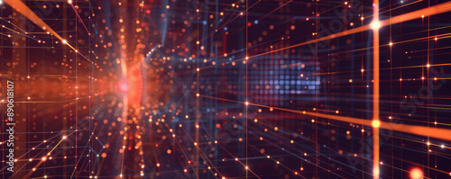 Modern technology-themed artwork with a square grid background, intersecting lines, and glowing dots, illustrating the intricate network of contemporary tech.