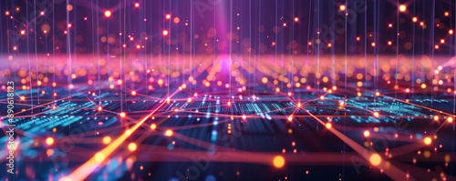 An advanced technology-themed illustration featuring a square grid, lines connecting dots, and glowing points, representing the complexity of modern digital networks.