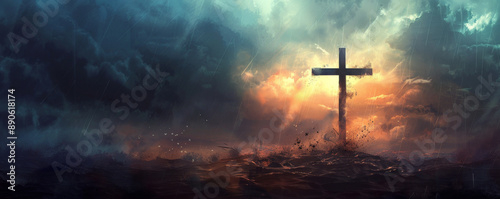 A powerful image of the Crucifixion, with an abstract cross against a stormy, darkened sky, and light rays breaking through, symbolizing redemption.