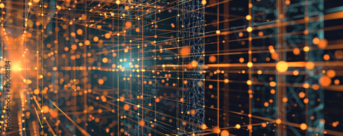 A sophisticated technology illustration featuring a square grid, interconnected lines, and bright dots, highlighting the complexity and connectivity of modern systems.