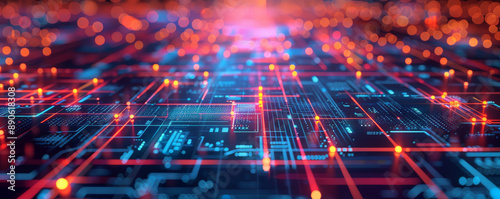 A detailed modern tech illustration with a square grid pattern, intersecting lines, and glowing dots, emphasizing digital networks and technological complexity.