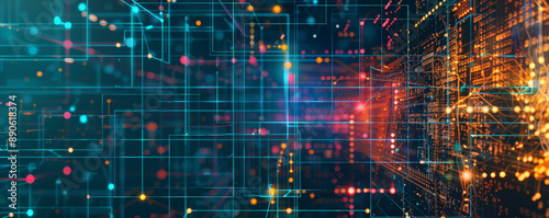 A high-tech illustration showcasing a square grid with intersecting lines and dots, representing modern technological advancements and digital interconnectivity.