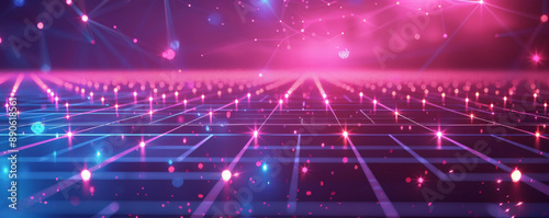 A high-tech illustration with a square grid background, crisscrossing lines, and glowing dots, representing the digital age's interconnectedness.