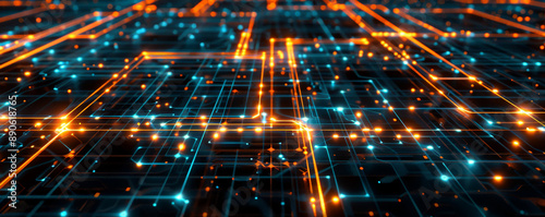 Advanced technology illustration showcasing a square grid pattern, lines connecting various points, and glowing dots, illustrating digital networks.