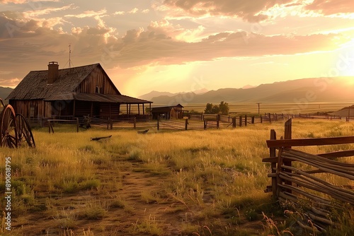 a picture of an old cowboy ranch against the sunset