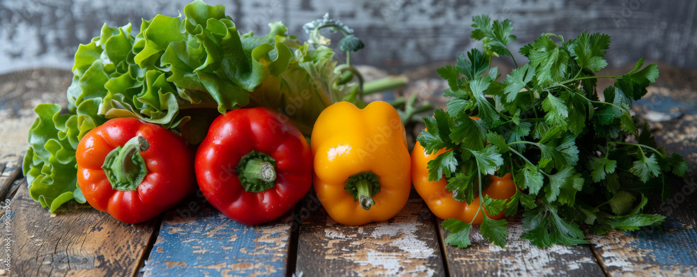 A collection of vibrant vegetables including bell peppers, lettuce, and herbs on distressed wooden planks. The freshness of the vegetables is accentuated by the rustic background. A collection of vibrant vegetables including bell peppers, lettuce, and herbs on distressed wooden planks. The freshness of the vegetables is accentuated by the rustic background.