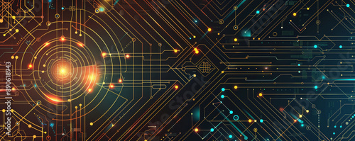 A sleek modern tech illustration with a square grid, intersecting lines, and illuminated dots, highlighting the intricacy of contemporary digital systems.