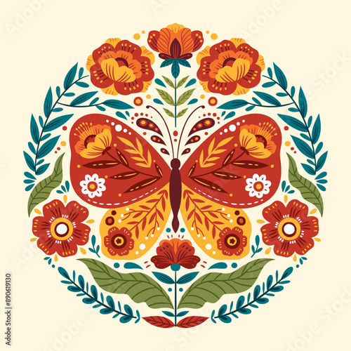 Butterfly floral folk art illustration