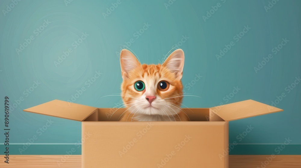 Cute ginger cat peeking out of a cardboard box against a teal background. Perfect for pet-themed designs and creative projects. Cute ginger cat peeking out of a cardboard box against a teal background. Perfect for pet-themed designs and creative projects.