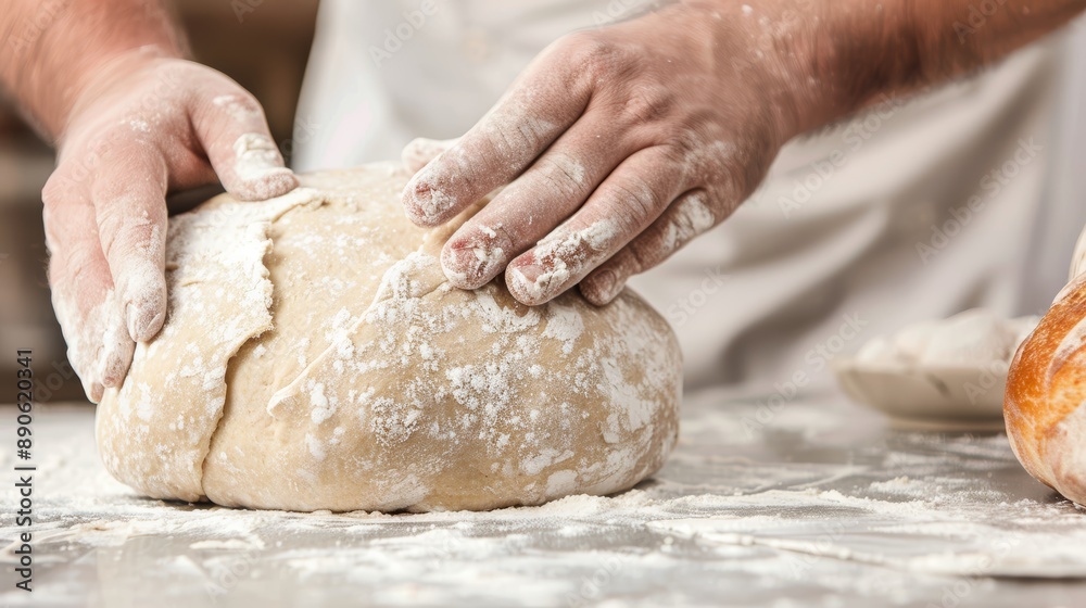 A baker shaping dough for a rustic loaf of bread, with flour dusted on the countertop, high-resolution photo, realistic photo, cinematography, hyper realistic A baker shaping dough for a rustic loaf of bread, with flour dusted on the countertop, high-resolution photo, realistic photo, cinematography, hyper realistic