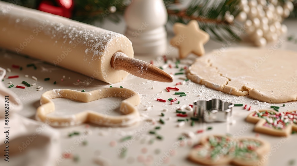 A close-up of a rolling pin flattening cookie dough, with cookie cutters and sprinkles scattered around, high-resolution photo, realistic photo, cinematography, hyper realistic