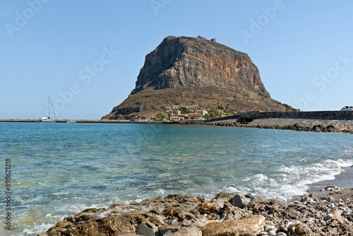 View of Monemvasia island and Myrtoan sea from Gefyra town. Peloponnese. Laconia. Greece.  photo