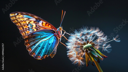 blue morpho butterfly on dandelion, against a black background, in the style of double exposure photography, presenting high resolution photography, hyper realistic details and texture