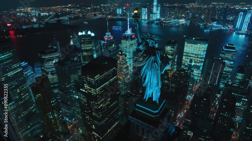 A nighttime aerial shot of the Statue of Liberty, with the lit-up office buildings of Manhattan and Brooklyn reflecting the vibrancy of New York City's nightlife.