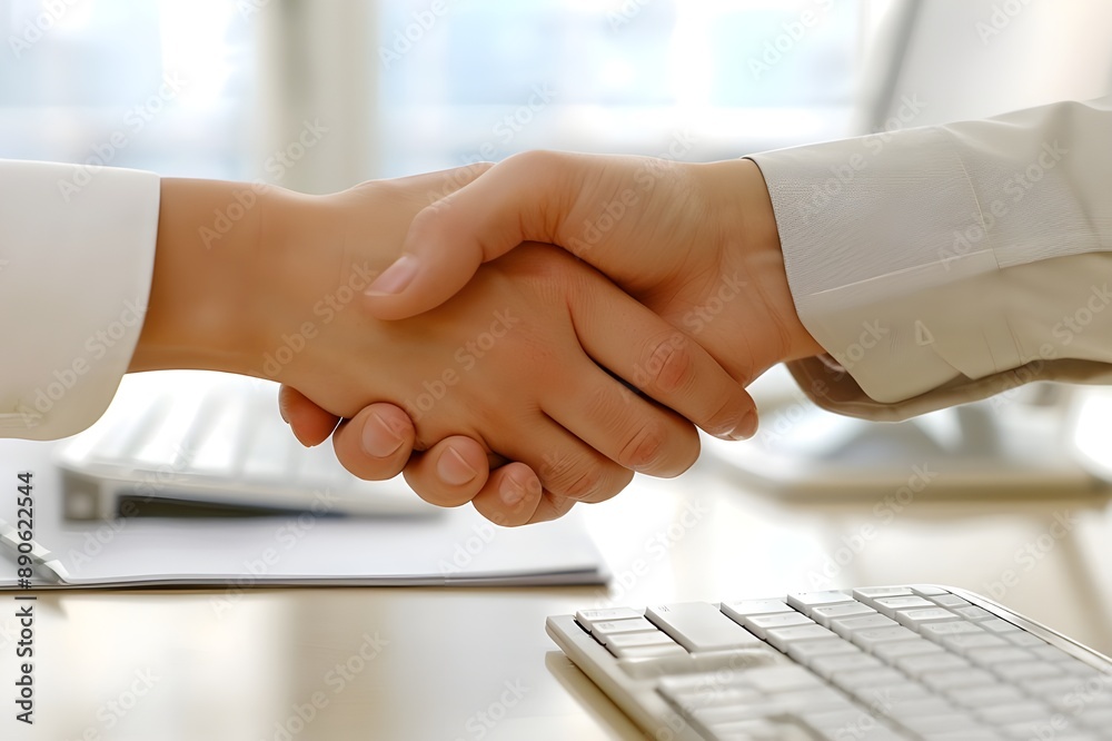 Close up of two business people shaking hands over computer desk with pen and paper on it. Close up of two business people shaking hands over computer desk with pen and paper on it.