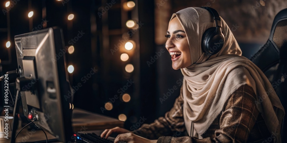 Happy Woman with Headphones Using Computer in a Cozy Room Happy Woman with Headphones Using Computer in a Cozy Room