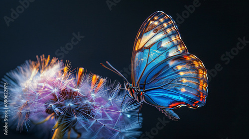 blue morpho butterfly on dandelion, against a black background, in the style of double exposure photography, presenting high resolution photography, hyper realistic details and texture