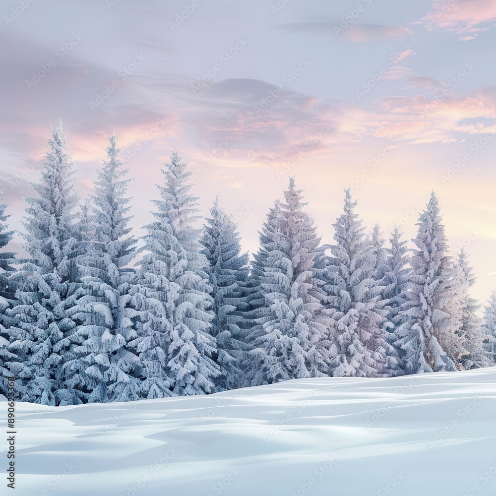 serene winter wonderland snowcovered pine forest soft pastel sky reflects on pristine white landscape creating a dreamy ethereal atmosphere serene winter wonderland snowcovered pine forest soft pastel sky reflects on pristine white landscape creating a dreamy ethereal atmosphere
