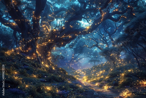 Magical, nocturnal forest. Generative AI