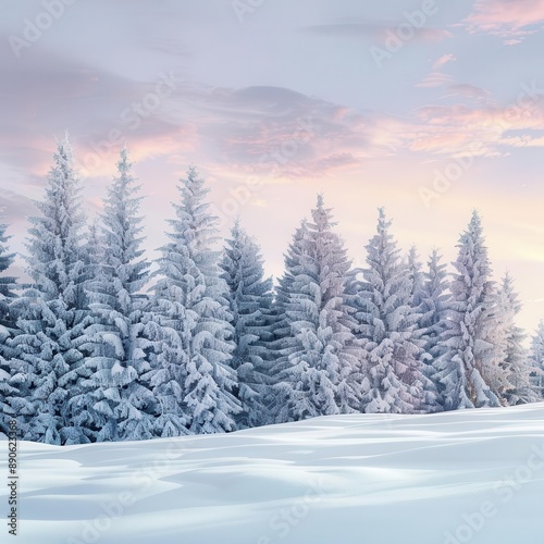 serene winter wonderland snowcovered pine forest soft pastel sky reflects on pristine white landscape creating a dreamy ethereal atmosphere