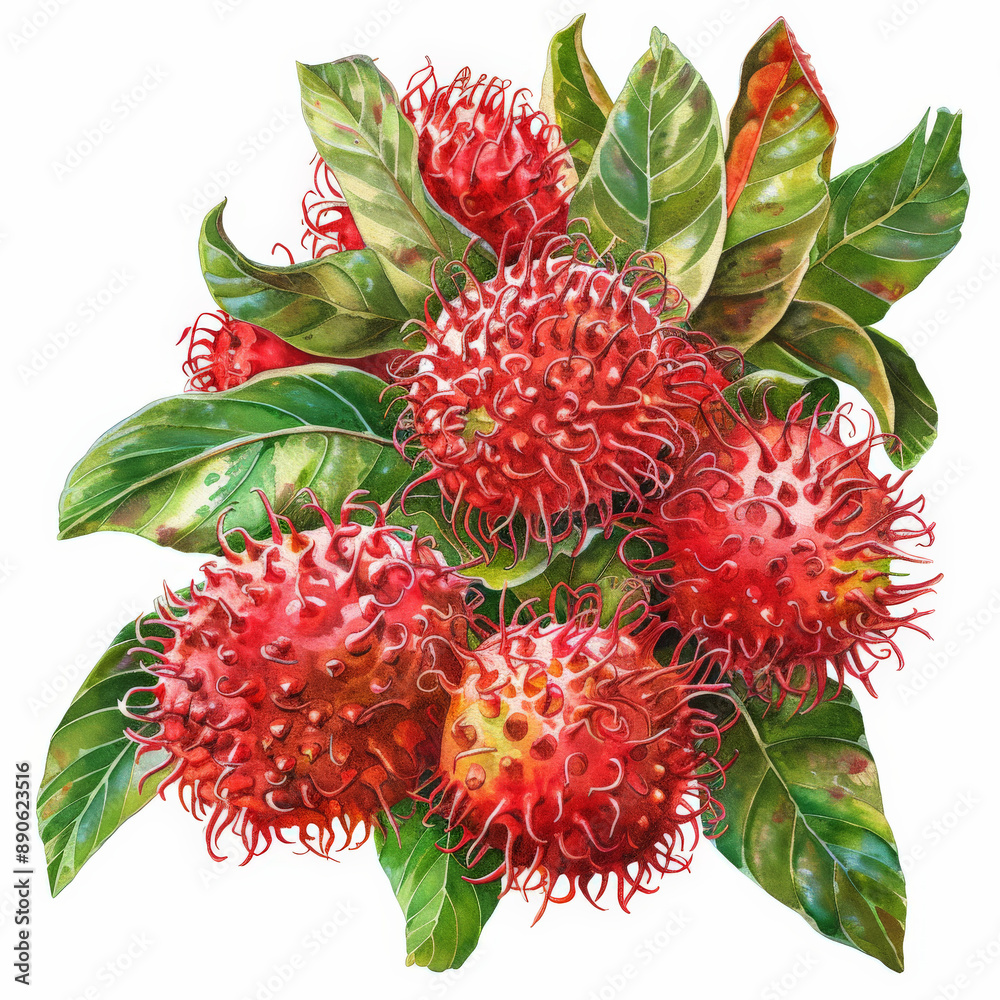 A watercolor illustration of a group of fresh rambutans, each with a detailed texture and vibrant red color, isolated on white background. A watercolor illustration of a group of fresh rambutans, each with a detailed texture and vibrant red color, isolated on white background.