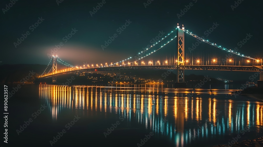 Fototapeta premium City Lights: Nighttime Reflections on Urban Bridge