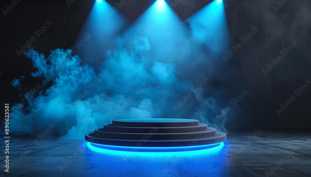 Obraz premium 3D rendered illustration of podium with blue spotlight background with smoke, concert stage 3d render illustration