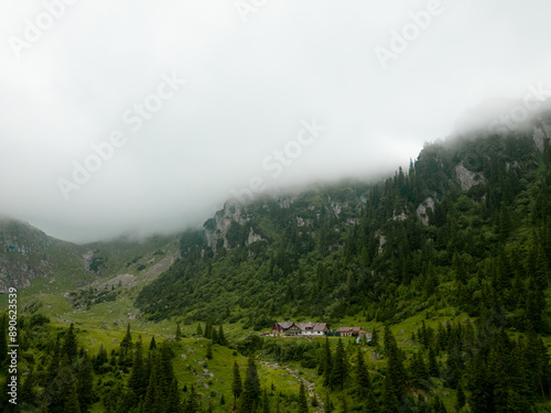 Malaiesti Chalet. Beautiful aerial view of Malaesti valley in Bucegi mountains, Carpathians Alps, Romania photo