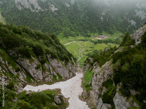 Malaiesti Chalet. Beautiful aerial view of Malaesti valley in Bucegi mountains, Carpathians Alps, Romania photo