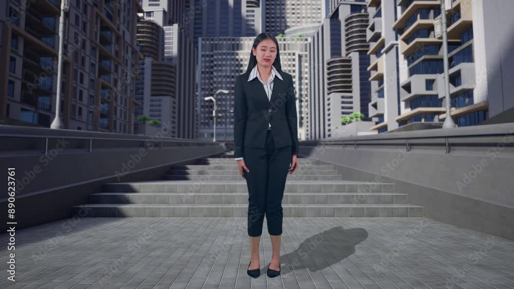 Full Body Of Of Jealous Asian Business Woman Looking In Urban City Full Body Of Of Jealous Asian Business Woman Looking In Urban City