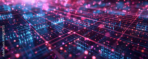 A high-tech illustration with a square grid background, crisscrossing lines, and glowing dots, representing the digital age's interconnectedness.