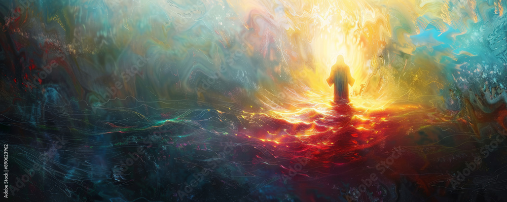 Abstract representation of the Baptism of Jesus, with a glowing figure ...