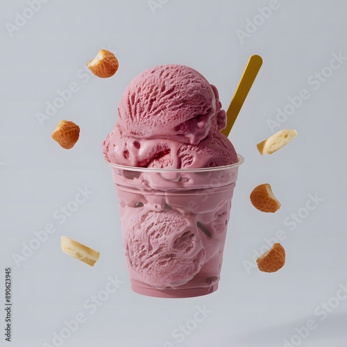 Ice cream scoops of pink color in a plastic cup with a wooden spoon.