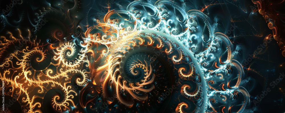 An artist's rendering of the Fibonacci sequence, with numbers and spirals intertwining in a visually stunning pattern on a dark background. An artist's rendering of the Fibonacci sequence, with numbers and spirals intertwining in a visually stunning pattern on a dark background.