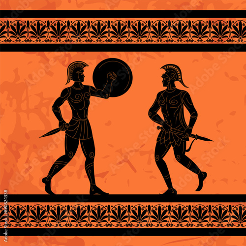 Greek mural. Ancient warriors. Athens mythology. Rome gladiators. Sparta soldiers battle background. Trojan historic art. Black silhouette. Men with shields and swords. Vector antique painting pattern
