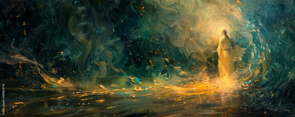 Abstract representation of the Baptism of Jesus, with a glowing figure ...
