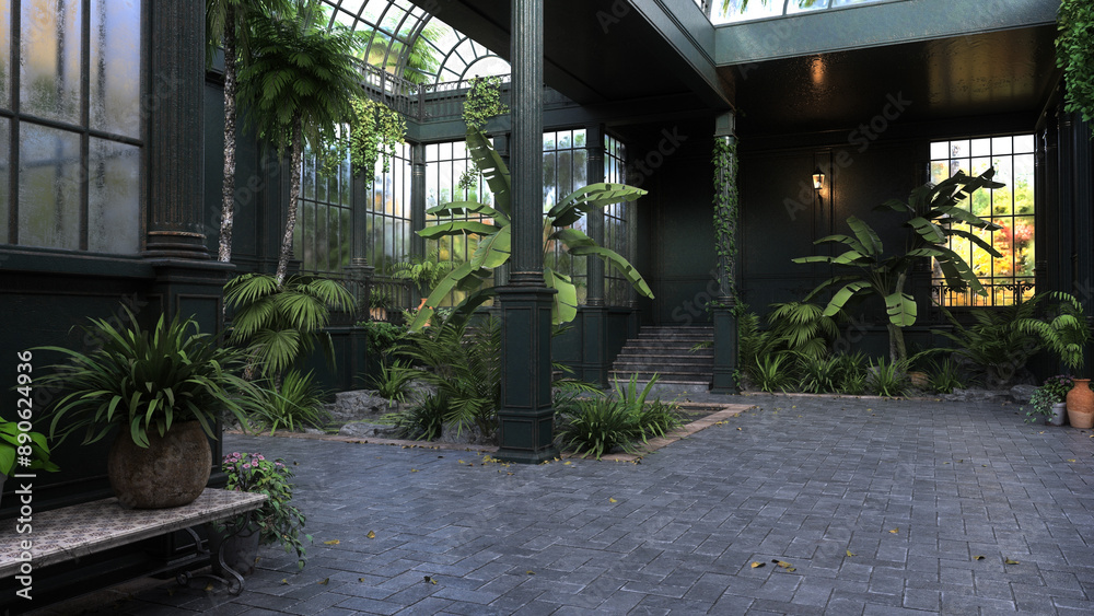 Fototapeta premium Old greenhouse conservatory building interior. 3D rendered illustration.