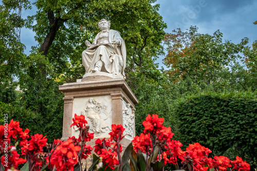 Vienna, Austria, August 21, 2022. Beautiful shot of the Franz Schubert monument at the Stadtpark. Low angle shot.