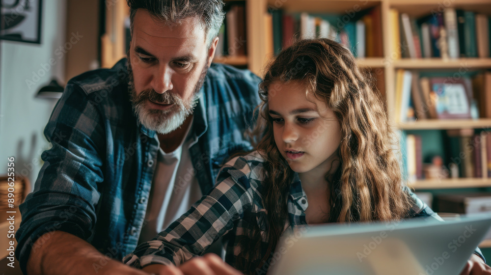 A supportive father guiding his teenage daughter through her homework at home, both using a laptop to access educational content A supportive father guiding his teenage daughter through her homework at home, both using a laptop to access educational content