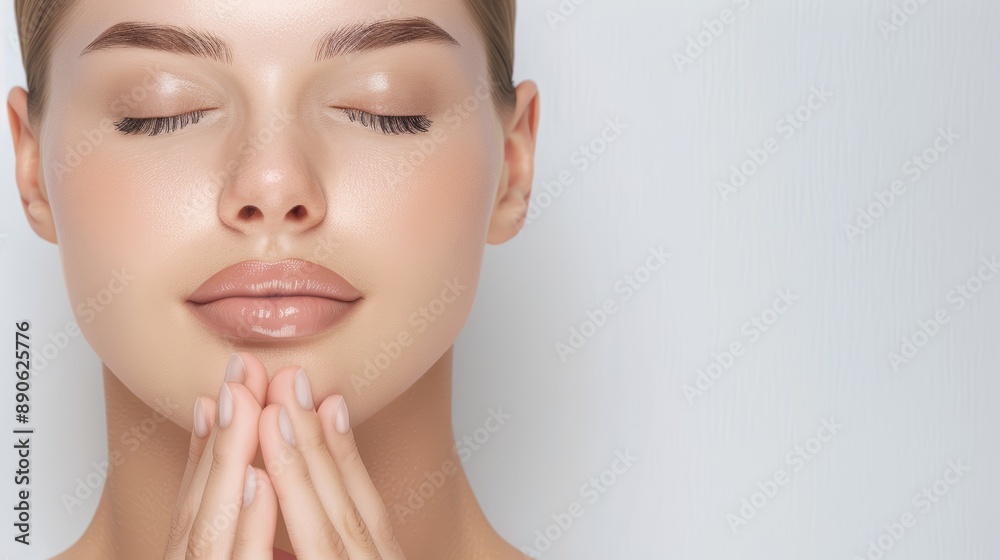 A woman with perfect skin, her hands gently touching her face, eyes closed, high-resolution photo, realistic photo, hyper realistic A woman with perfect skin, her hands gently touching her face, eyes closed, high-resolution photo, realistic photo, hyper realistic